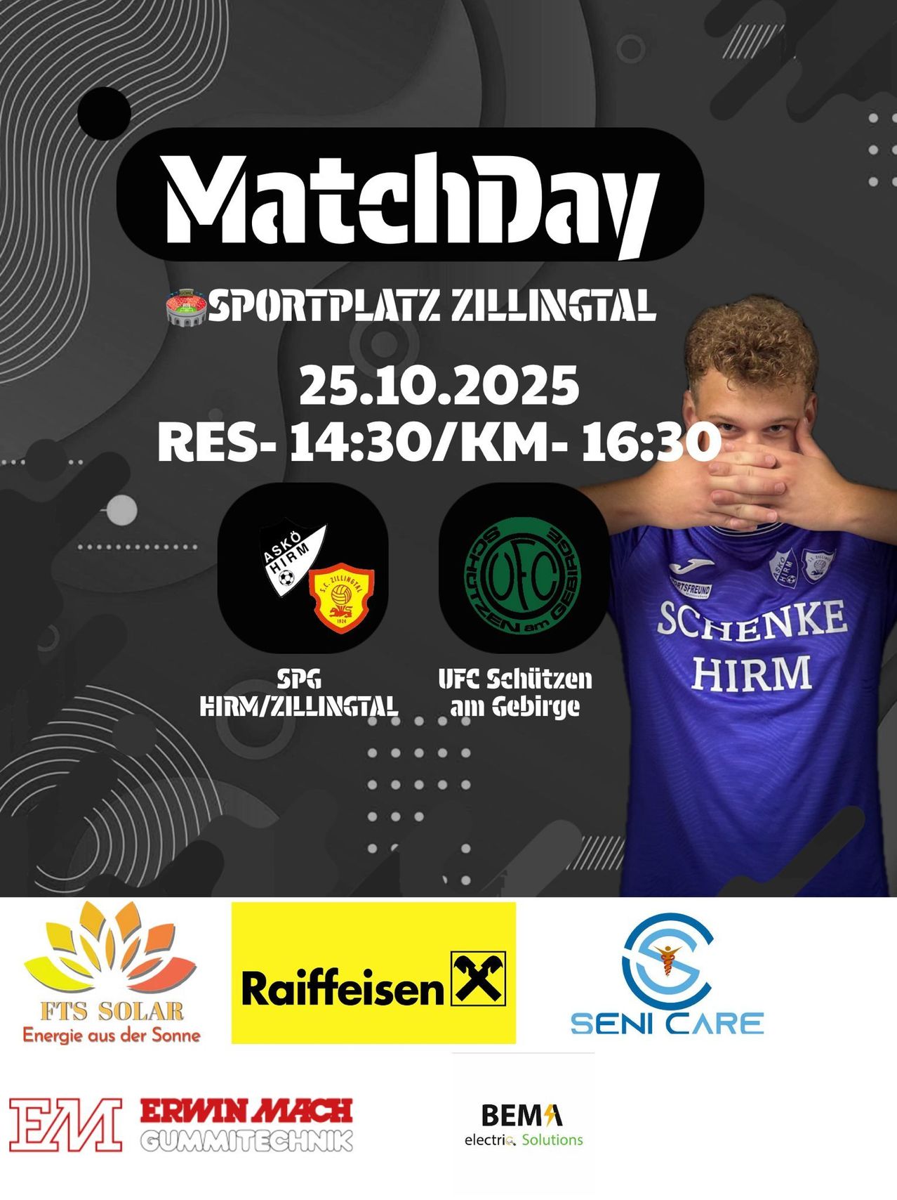 Plakat für ein Fußballspiel am 25. Oktober 2025 mit zwei Teams, einem Spieler, der sein Gesicht verdeckt, und Sponsorenlogos.