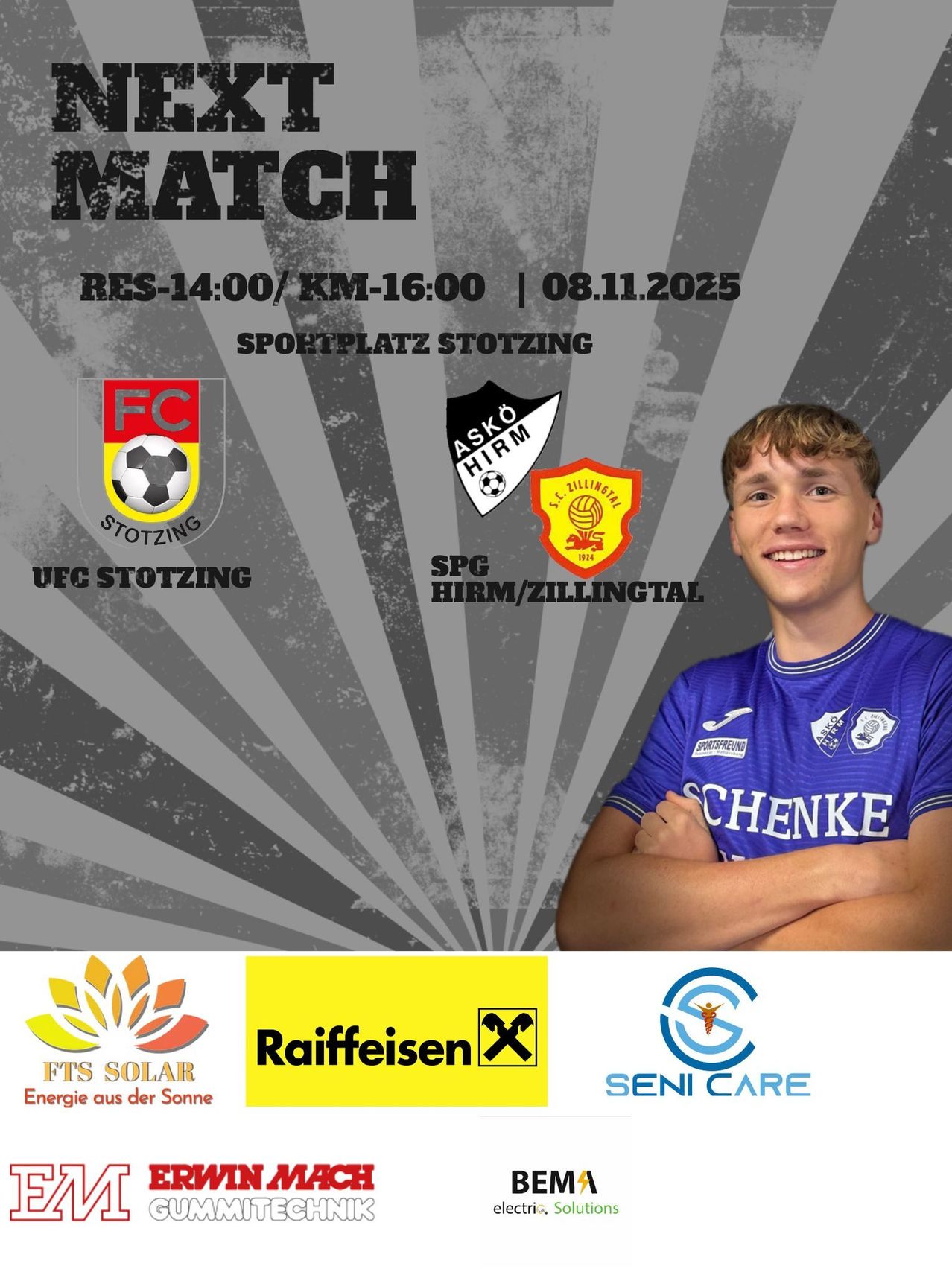 Poster for a soccer match on November 8, 2025, featuring two teams, FC Stotzing and ASVö Hirm/Zillingtal. The player is smiling and standing with crossed arms wearing a blue jersey.