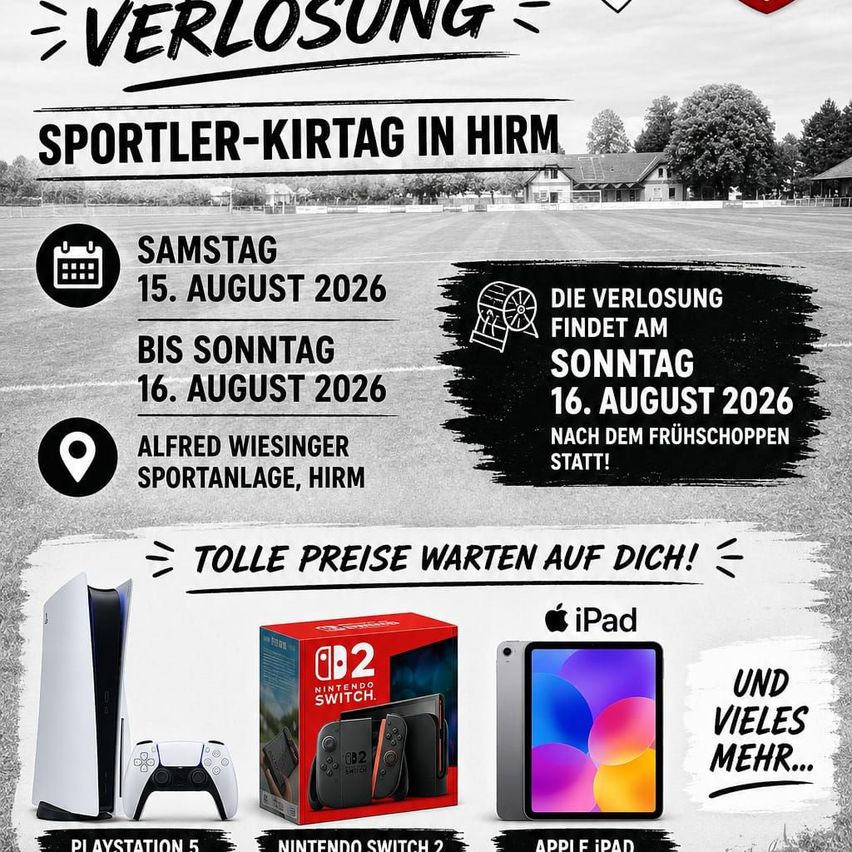 Plakat für eine Sportveranstaltung in Hirm, Deutschland, vom 15. bis 16. August 2026. Preise umfassen PlayStation 5, Nintendo Switch 2 und Apple iPad.
