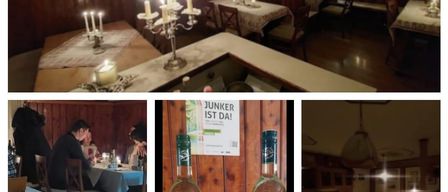 A collage of three images of a cozy restaurant with wooden walls, candles, and wine bottles on the table. The dining area is dimly lit with warm lighting.