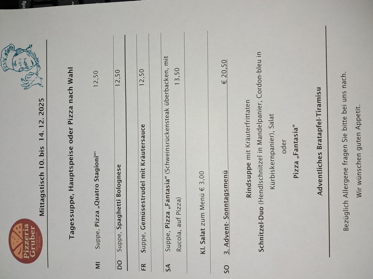 Das Bild zeigt eine Tabelle mit verschiedenen Speisen und deren Preisen. Die Liste enthält Artikel wie 'Pizza Fantasia', 'Käsesauce' und 'Fantasia'. Die Preise reichen von 12,50 bis 20,50 Euro.