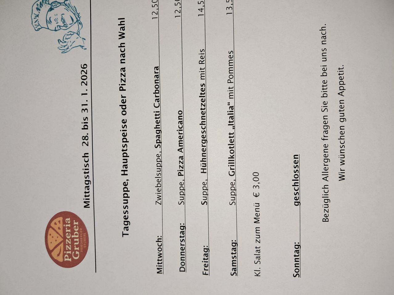 Ein Menü für ein Restaurant, das eine Vielzahl von Gerichten, Preisen und Spezialitäten für verschiedene Tage beinhaltet. Das Menü gilt für den Zeitraum vom 28. bis 31. Januar 2026. Es umfasst Suppen, Hauptgerichte und Beilagen mit aufgelisteten Preisen.