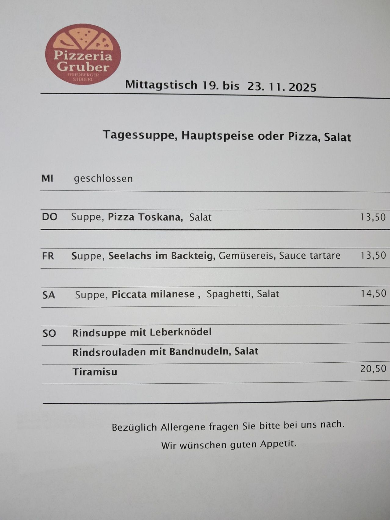 Menu for November 19-23, 2025. Options include soup, pizza, salad, sea bass, vegetables, and tiramisu. Contact for allergies. Bon appétit.