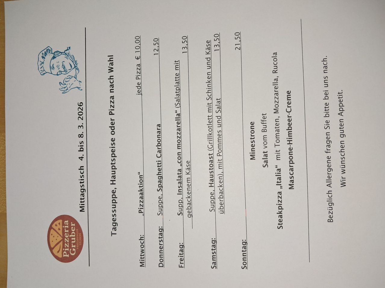 The document appears to be a weekly menu for a restaurant or cafe. It includes options such as a daily soup, main dishes, and desserts, with prices listed for each. Each day has a specific meal, with ingredients and pricing details. The menu includes allergen information and is dated as of August 3, 2026.