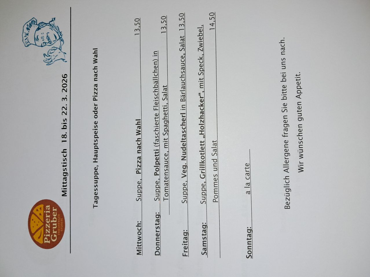 Dokument zeigt ein Menü mit Daten vom 22. März 2026 bis 28. März 2026, das verschiedene Mahlzeiten und Preise auflistet. Jeder Tag beinhaltet ein anderes Gericht, zusammen mit seinem Preis. Das Menü erwähnt auch Allergene.