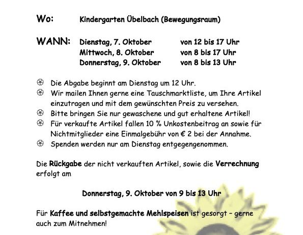 Ein Plakat für einen Kinder- und Jugendtauschmarkt der Frauengruppe in Ubelbach. Er findet am 7., 8. und 9. Oktober von 12 bis 17 Uhr, 8 bis 17 Uhr und 8 bis 13 Uhr statt.