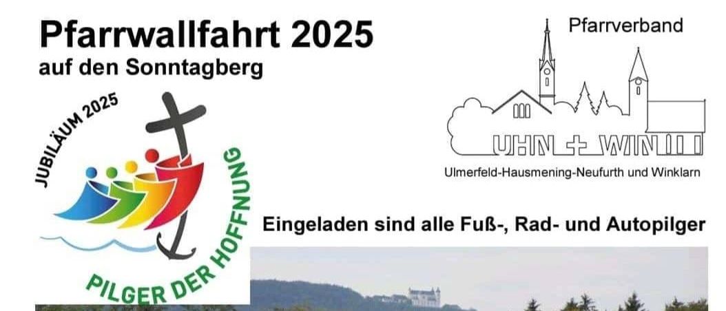 Ein Plakat für die Pilgerveranstaltung am 16. August 2025 zeigt eine Gruppe von Wanderern mit Rucksäcken in einem Grasfeld. Die Veranstaltung umfasst Startpunkte, Zeiten und Orte.