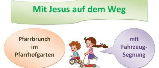 Ein Plakat lädt Familien zu einer Sonntagsveranstaltung am 24. August 2025 um 10 Uhr ein. Die Veranstaltung mit dem Thema 'Mit Jesus auf dem Weg' umfasst eine Pferdekirche, Pferdereiten, ein pferde-inspiriertes Frühstück und eine Segenszeremonie. Familien werden gebeten, ihre Lieblingsspielzeugfahrzeuge mitzubringen.