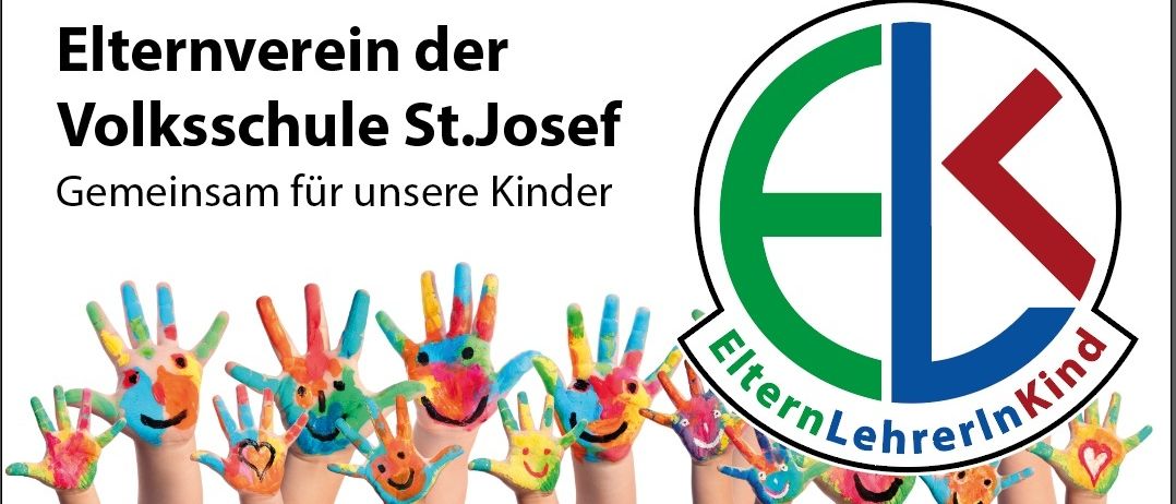 Eine Gruppe von Kindern mit bemalten Händen in verschiedenen Farben und Lächeln, mit dem Text 'Verein der Grundschule St.Josef' darüber.