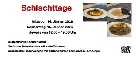 Plakat für die Schlachttage im Gasthaus Rodler am 14. und 15. Januar 2026. Das Menü umfasst Schweineleber mit saurer Suppe und Rinderleber mit Kartoffelpüree. Telefonnummer für Reservierungen ist 03152/3504.