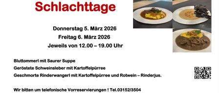 Plakat für den Heurigen/Gasthaus Rodler in Edelsbach bei Feldbach für die Schlachttage am 5. und 6. März 2026. Angebote umfassen Sauer Suppe, Schweineleber mit Kartoffelpurree und Rote Rinderwangerl mit Kartoffelpurree und Rotwein. Rufen Sie 03152/3504 für Reservierungen an.