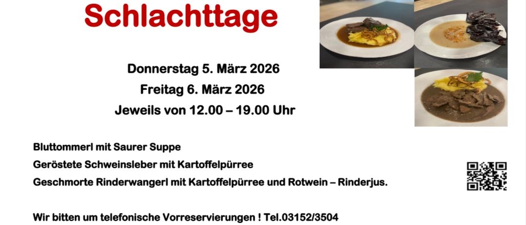 Plakat für den Heurigen/Gasthaus Rodler in Edelsbach bei Feldbach für die Schlachttage am 5. und 6. März 2026. Angebote umfassen Sauer Suppe, Schweineleber mit Kartoffelpurree und Rote Rinderwangerl mit Kartoffelpurree und Rotwein. Rufen Sie 03152/3504 für Reservierungen an.