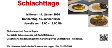 Plakat für Schlachttage am 14. und 15. Januar 2026. Es zeigt zwei Bilder von Mahlzeiten und eine Telefonnummer für Reservierungen.