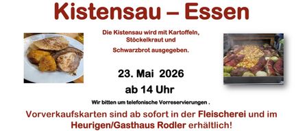 Ein Plakat bewirbt ein Kistensau-Fest am 23. Mai 2026 ab 14 Uhr. Es ist ein traditionelles Gericht mit Kartoffeln, Sauerkraut und Schwarzbrot. Reservierungen werden empfohlen. QR-Code für weitere Informationen.
