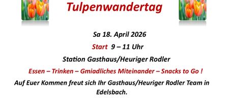 Tulpentour am 18. April 2026 von 9 bis 11 Uhr an der Station Gasthaus/Heuriger Rodler. Genießen Sie Getränke, Snacks und angenehme Gesellschaft im Gasthaus/Heuriger Rodler Tedelsberg.