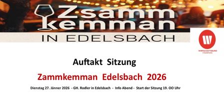 Plakat für Zammkemann in Edelsbach 2026 am 27. Januar 2026 mit Informationen über die Abend-Info-Sitzung und das Treffen.