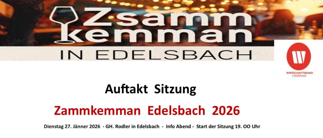 Plakat für Zammkemann in Edelsbach 2026 am 27. Januar 2026 mit Informationen über die Abend-Info-Sitzung und das Treffen.