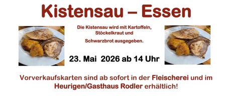 Das Plakat bewirbt ein Kistensau-Event am 23. Mai 2026, um 14 Uhr. Kistensau besteht aus Kartoffeln, Stocksellerie und Schwarzbrot. Tickets sind bei Gasthaus Rodler in Edelsbach erhältlich.