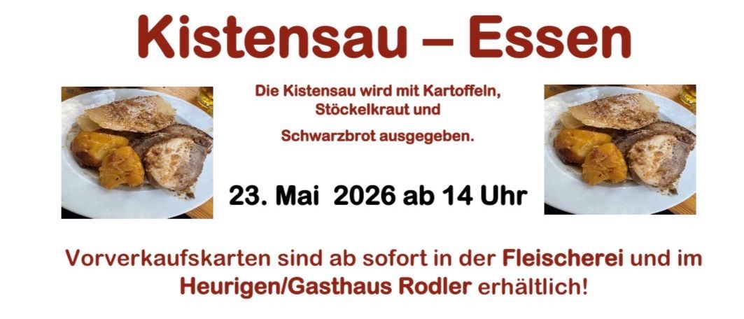 Das Plakat bewirbt ein Kistensau-Event am 23. Mai 2026, um 14 Uhr. Kistensau besteht aus Kartoffeln, Stocksellerie und Schwarzbrot. Tickets sind bei Gasthaus Rodler in Edelsbach erhältlich.