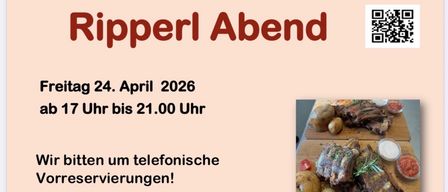 Event poster for Ripperl Abend on April 24, 2026 from 7 PM to 9 PM. Includes image of meat and potatoes, and a phone number. QR code present.