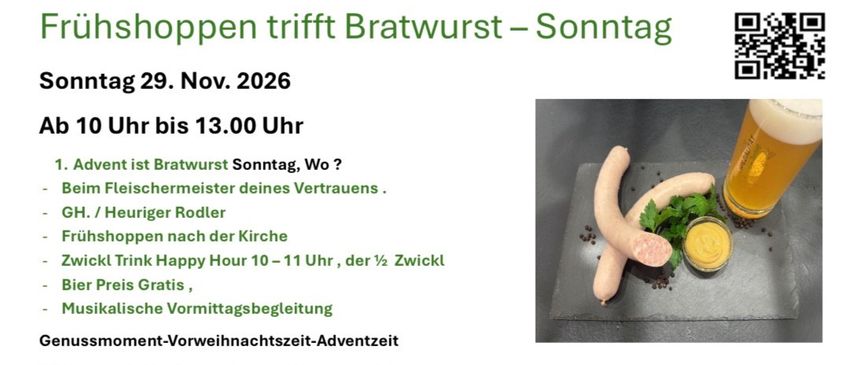 Bratwurst-Sonntag am 29. Nov. 2026, bis 13:00 Uhr. Bratwurst-Sonntag, Wo? Der Metzger ist Ihr vertrauenswürdiger Partner. Bratwurst nach dem Gottesdienst genießen. Happy Hour von 10-11 Uhr, die Hälfte Bratwurst gratis. Mittagsbegleitung. Vorweihnachtszeit-Adventsreservierungen!