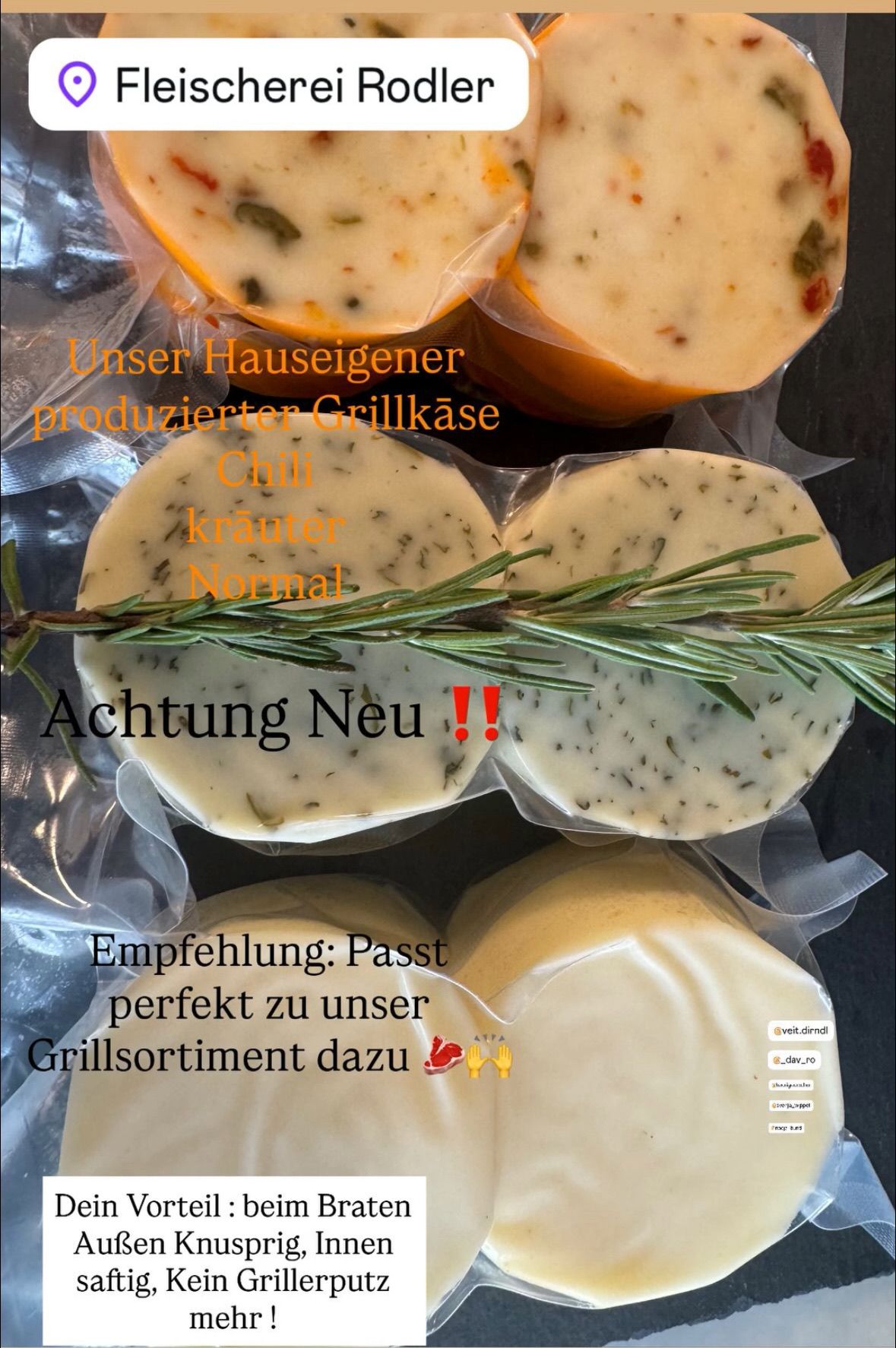 Selbstgemachter gegrillter Käse in Plastik mit Kräutern und Gewürzen. Sorten umfassen Chili und Kräuter. Neu und empfohlen zur Kombination mit Grillgewürzen.