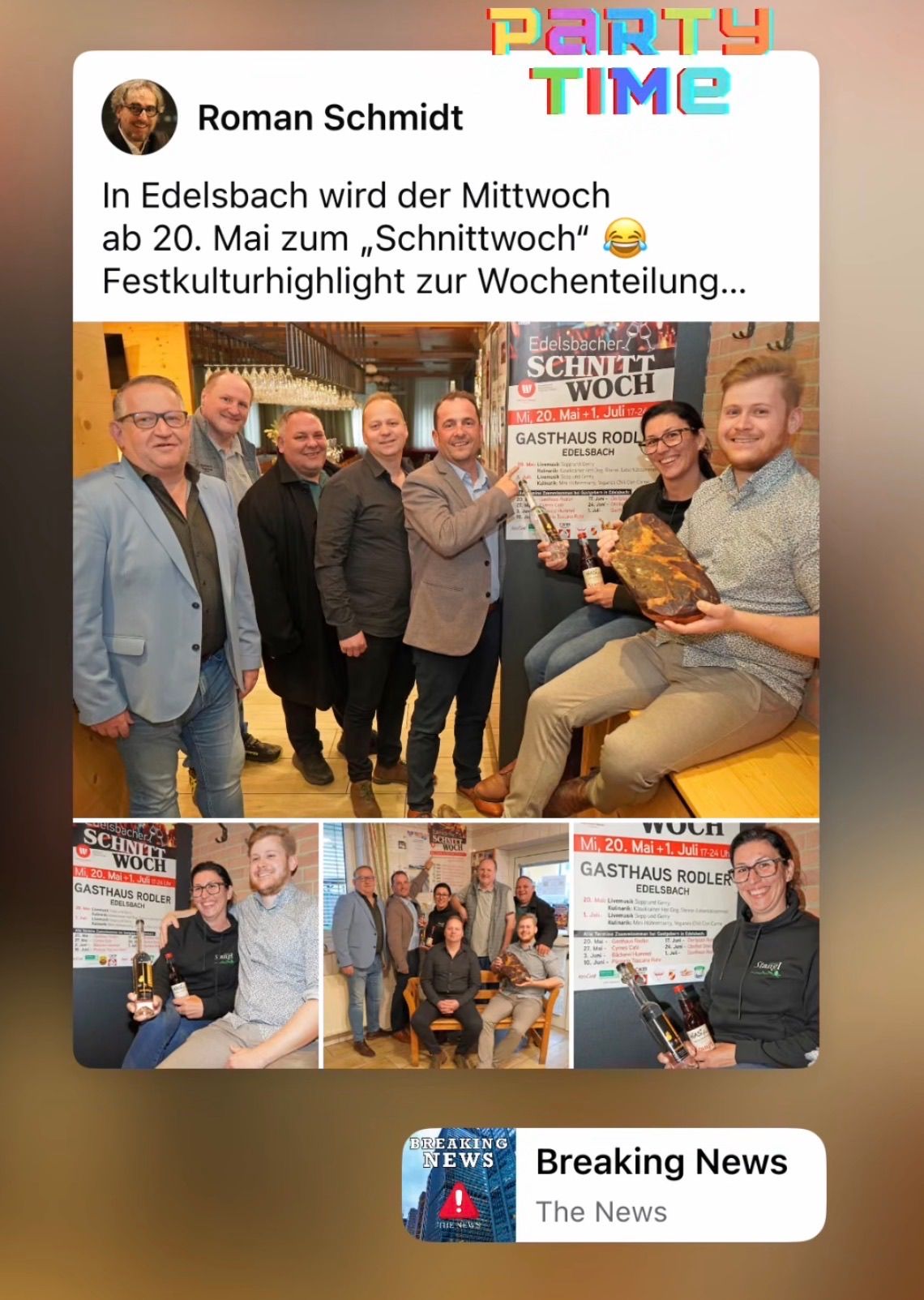 Group photo at the Edelsbach Schnittwock event. People pose with drinks and smiles, holding bottles and a sign. One man holds a large piece of meat.
