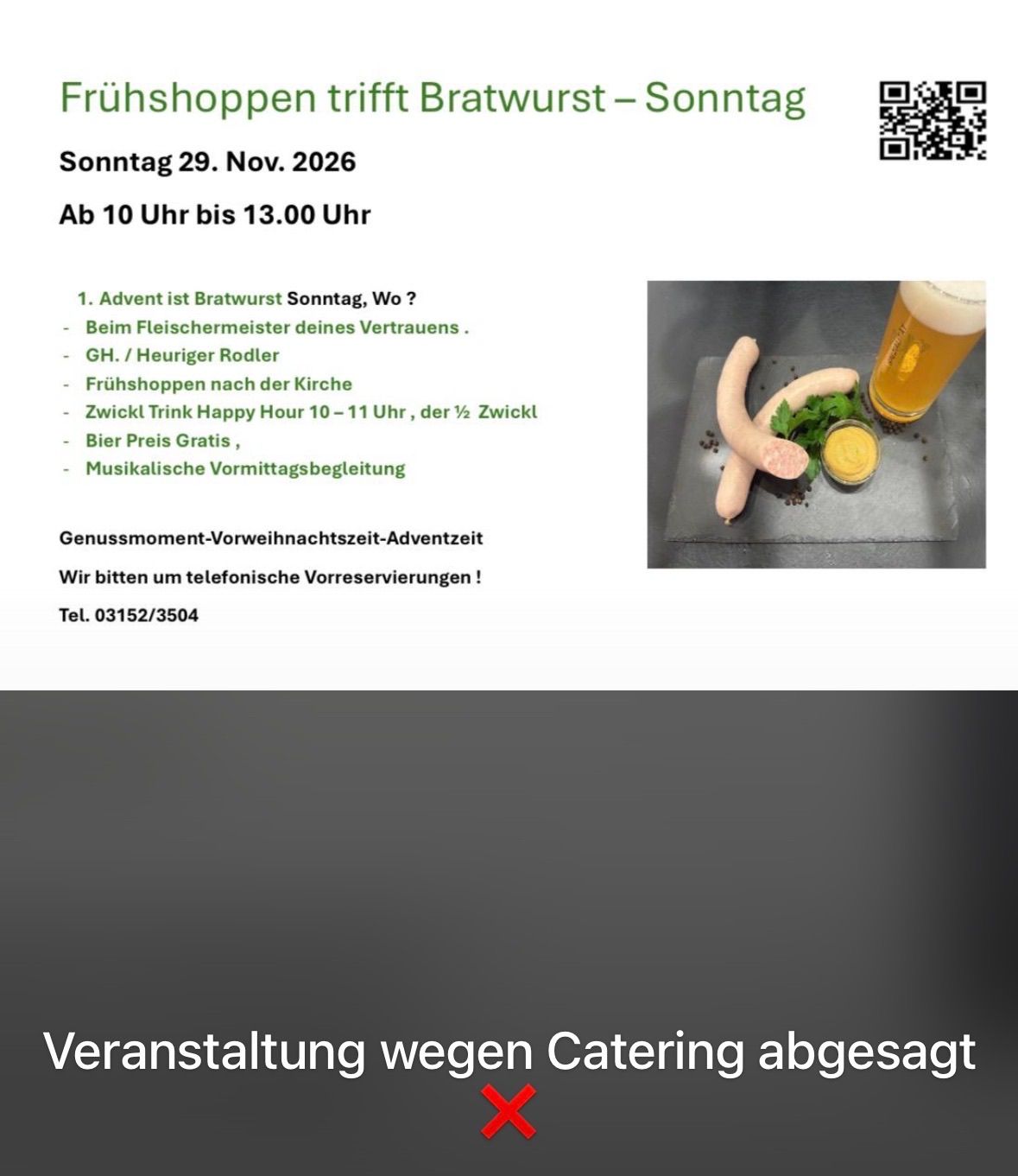 Plakat für einen Bratwurst-Sonntag am 29. November 2026 mit Bratwurst, Bier und Musik. QR-Code für Reservierungen.
