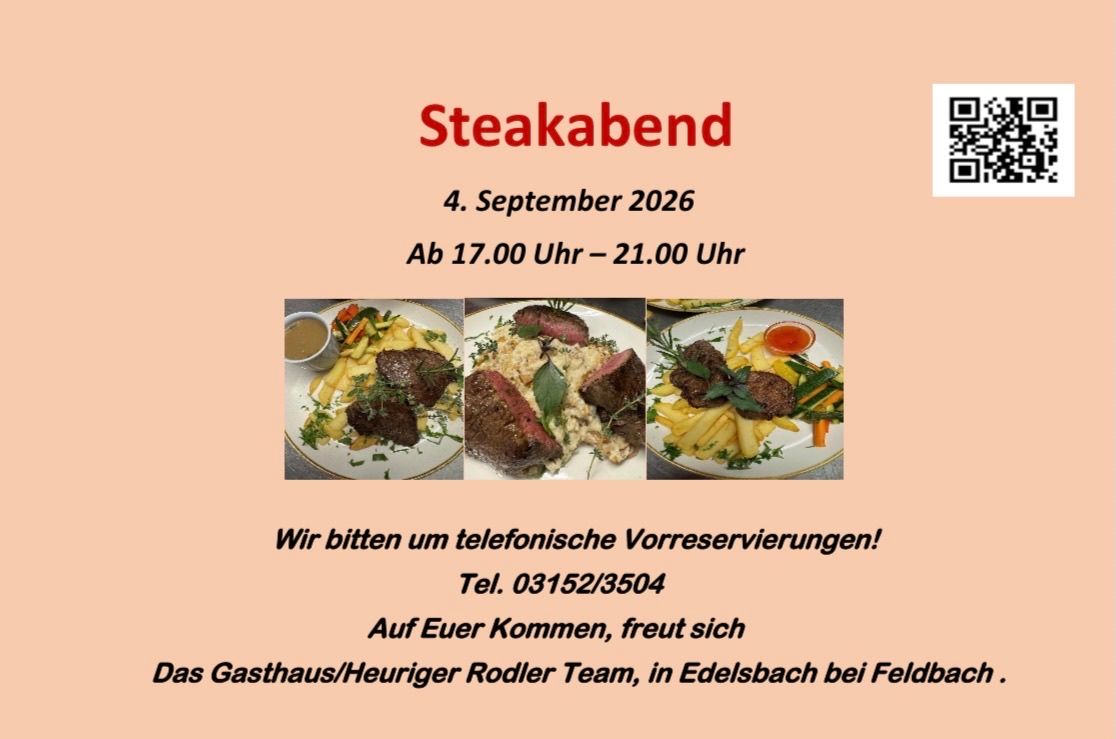 Plakat für das Steakabend-Event am 4. September 2026 mit drei Bildern von Steakgerichten und einer Kontaktnummer.