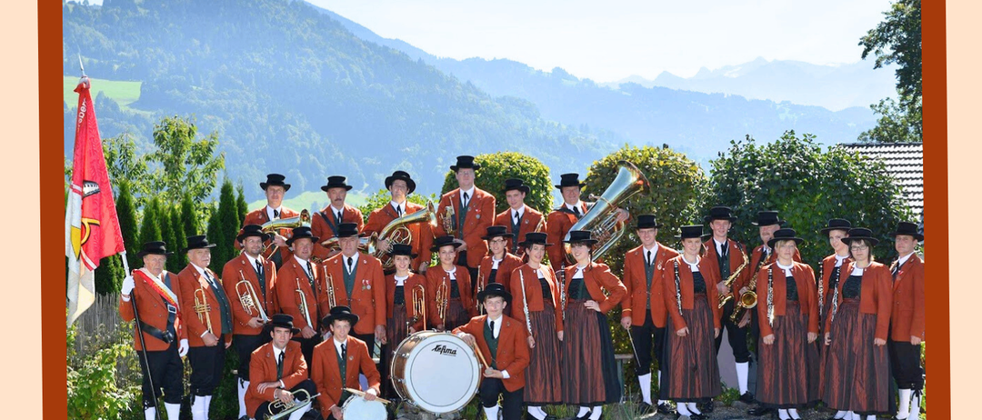 Plakat für Dämmerschoppen Hotel Viktor mit MV Viktorsberg. Veranstaltungsdatum: 25.09.2025 - ab 18:00 Uhr. Bild zeigt eine Blaskapelle in traditioneller Kleidung am Teich mit Bergen im Hintergrund.