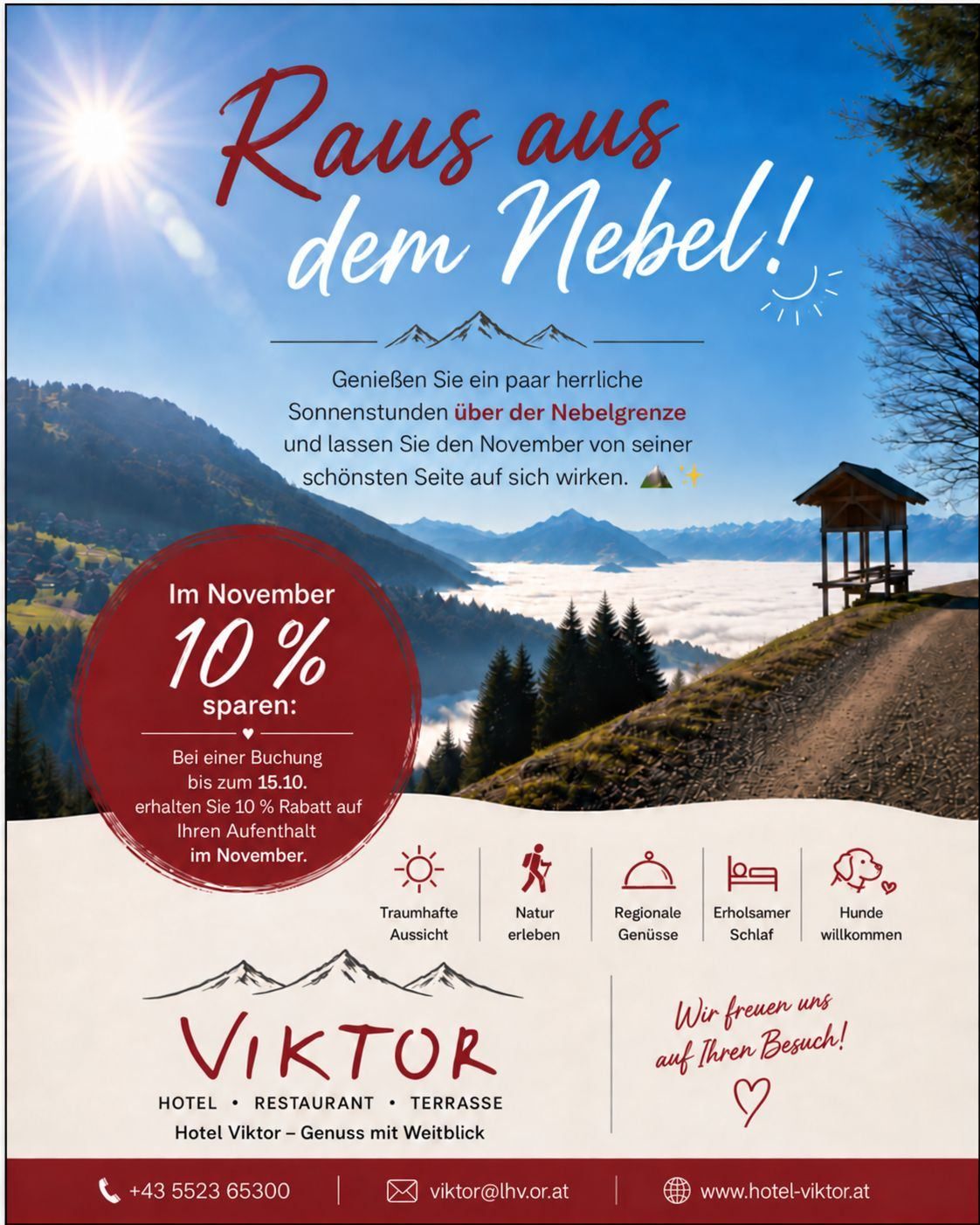 An advertisement for a hotel in the mountains. It features a mountain landscape with a small wooden cabin and a path. The text reads, 'Run out of the fog!' and offers a 10% discount for bookings until October 15th.