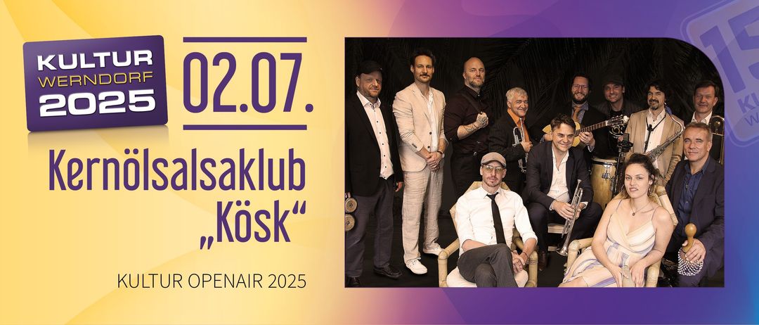 Eine Gruppe von sechs Männern posiert für ein Foto mit einem lila und gelben Hintergrund. Das Datum 2.07. und der Text Aklub Kosk sind in Lila geschrieben. Der Text ENAIR 2025 ist unten links geschrieben. Sie sind alle in Anzügen und Krawatten gekleidet.