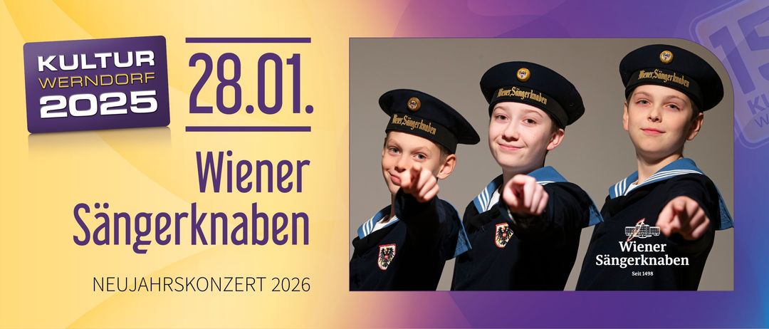 Eine Werbung für Wiener Sängerknaben mit einem Bild von zwei jungen Jungen in Uniformen, die die Aufschrift 'Wiener Sängerknaben' auf ihren Mützen tragen. Das Datum '8.01.' und 'Zert 2026' steht auf der linken Seite des Bildes. Der Hintergrund ist eine Kombination aus Gelb, Orange und Lila.