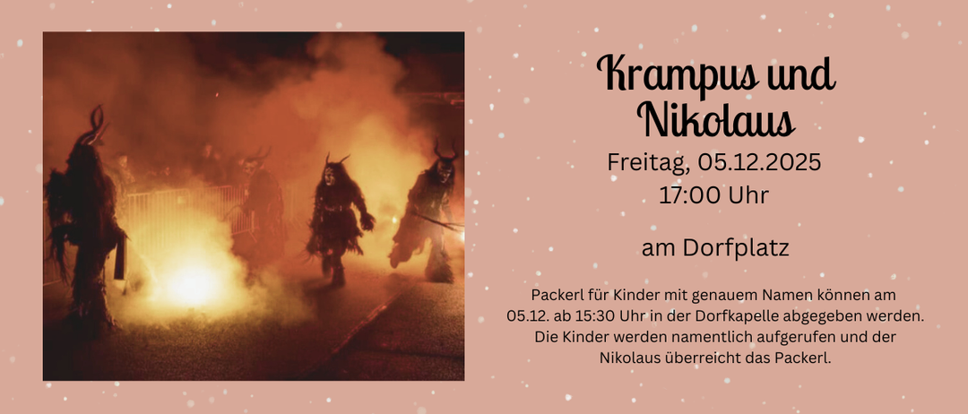 Ein Plakat für die Krampus und Nikolaus Veranstaltung am 5. Dezember, 17:00 am Dorfplatz, mit maskierten Figuren mit Hörnern und Feuer im Hintergrund.