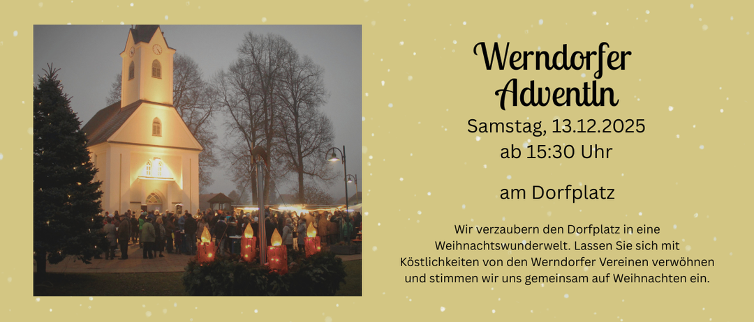 Ein Plakat, das eine Adventsveranstaltung auf dem Dorfplatz ankündigt, mit einer Kirche und einer Menge Menschen im Vordergrund.