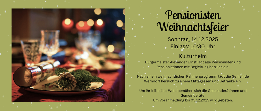 Das Bild ist eine Einladung zum Weihnachtsessen für Rentner am 14. Dezember 2020. Die Veranstaltung wird vom Bürgermeister ausgerichtet. Anmeldung bis 05.12.2025.