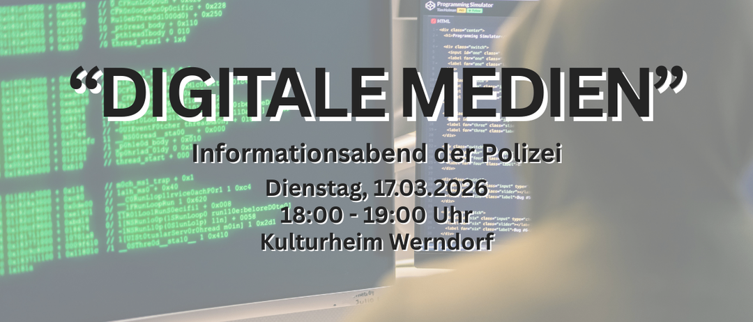 Ein Informationsabend über digitale Medien der Polizei, geplant für den 17.03.2026 von 18:00 bis 19:00 Uhr im Kulturheim Wendorf.