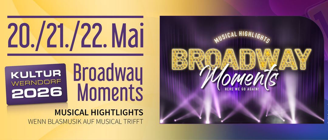 Eine Musicalaufführung der High School am Broadway mit dem Titel 'Broadway-Momente' mit Scheinwerfern, die die Bühne beleuchten.