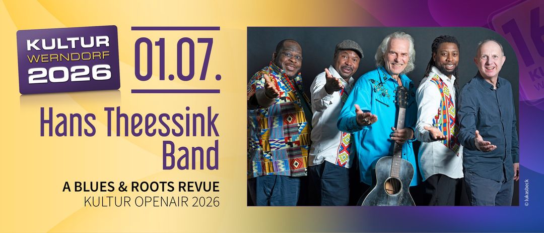 Die SSSINK Band, in farbenfroher Kleidung, posiert für ein Foto mit einer Gitarre. Das Datum 1.07.2026 ist auf dem Plakat zu sehen.