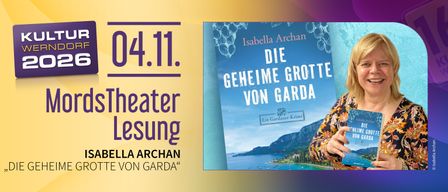 Buchcover von 'Die Geheime Grotte von Garda' von Isabella Archan. Es zeigt eine malerische Ansicht des Gardasees mit Bergen und einer kleinen Insel.