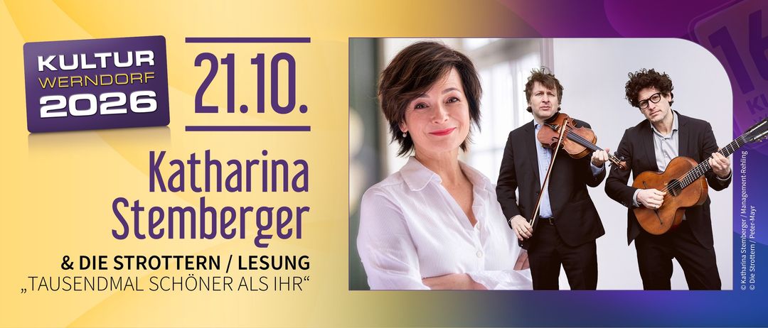 Eine lächelnde Frau mit kurzen Haaren und ein Mann in Anzug halten gemeinsam eine Geige. Die Frau trägt ein weißes Hemd. Das Bild hat einen lila und gelben Hintergrund.