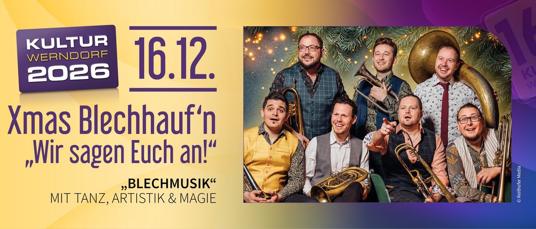 Eine Werbung für ein Musikevent mit dem Text '6.12. auf'n dach an!' und einer Gruppe von Männern, die Blechblasinstrumente halten.