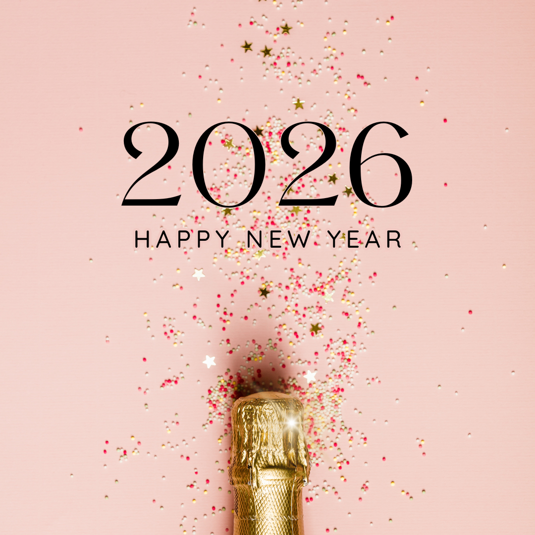 Eine goldene Champagnerflasche mit Konfetti auf einem rosa Hintergrund. Es steht '2026 Frohes Neues Jahr'.