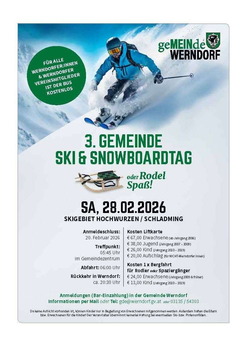 Plakat für den 3. Gemeinde-Ski- und Snowboardtag in Wernsdorf am 28.02.2026. Beinhaltet Kosten für Lifttickets und Rodelfahrten. Anmeldungen enden am 20.02.2026.