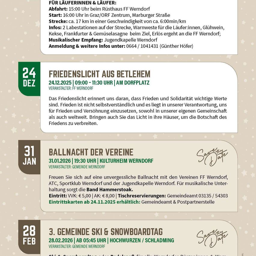 Der Flyer kündigt drei Veranstaltungen an: einen 17 km Lauf, der um 15 Uhr startet, ein Friedenskonzert am 24. Dezember auf dem Dorfplatz und eine Ballnacht am 31. Januar im Kulturheim. Details zu jeder Veranstaltung umfassen Datum, Uhrzeit und Ticketpreise.