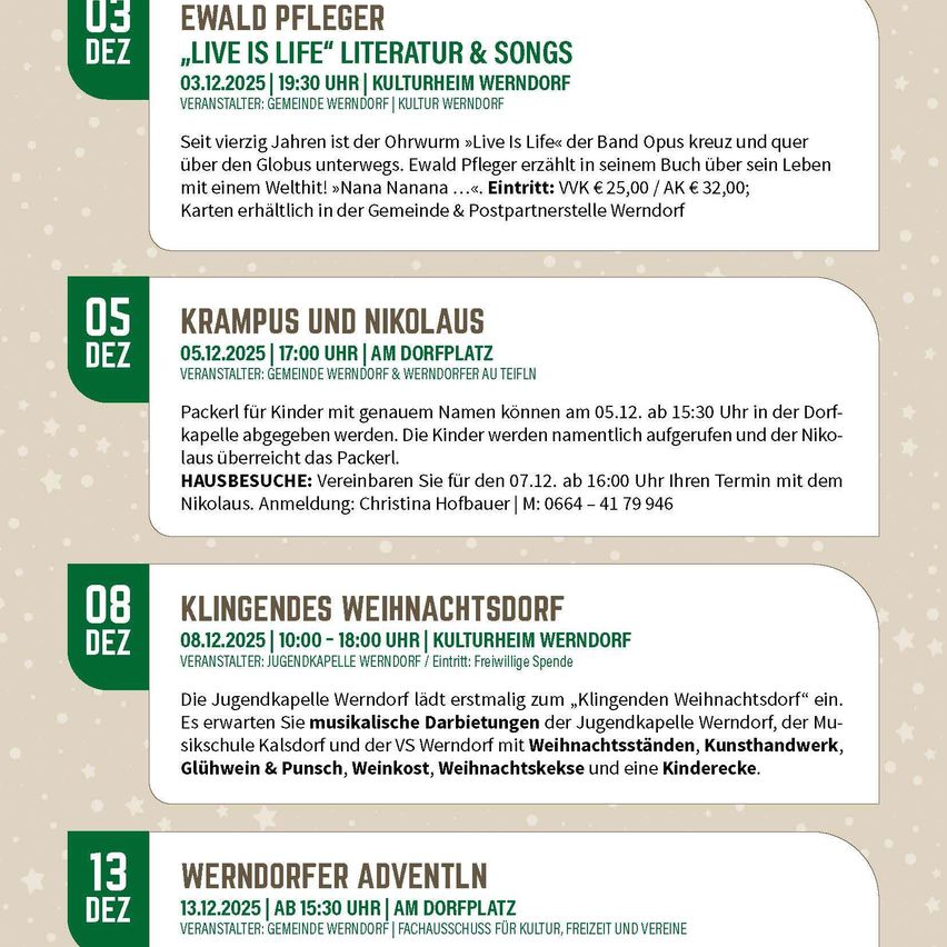 Veranstaltungsflyer für die Gemeinde Werndorf. Beinhaltet vier Events: Ewald Pfleger am 03.12, Krampus und Nikolaus am 05.12, Klingendes Weihnachtsdorf am 08.12 und Werndorfer Adventln am 13.12. Details zu Datum, Uhrzeit, Ort und Veranstalter.