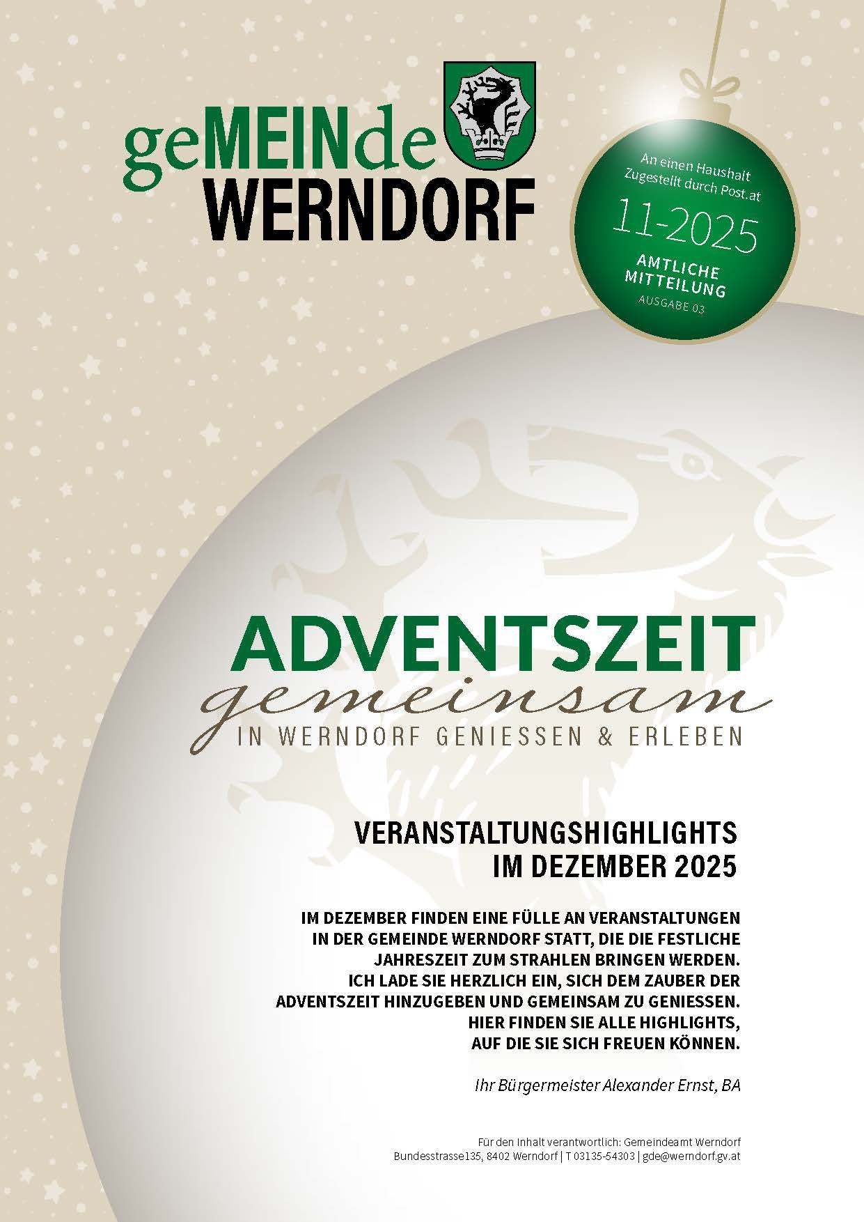 Plakat für das Dorf Werndorf, Österreich, das die Adventzeit mit Veranstaltungen im Dezember 2025 bewirbt. Es zeigt ein festliches Design mit Sternen und einem kreisförmigen Emblem. Der Text lädt die Bewohner ein, die Magie der Adventszeit gemeinsam zu genießen.