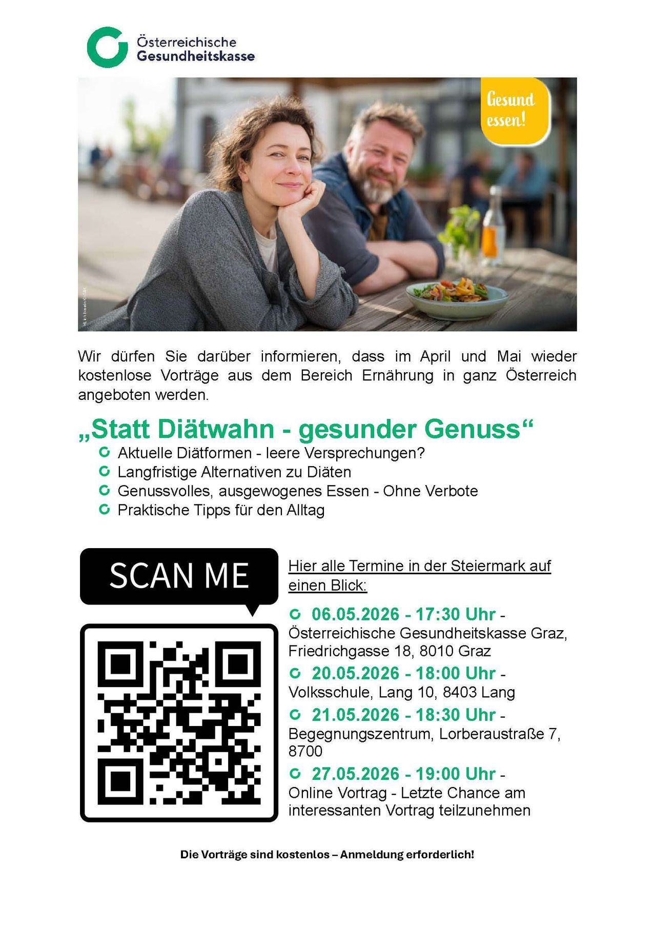 Ein Bild von einem Mann und einer Frau, die lächelnd am Tisch sitzen, mit einem Teller Essen. Das Bild enthält einen QR-Code und Termine für kostenlose Ernährungsvorträge in Österreich.