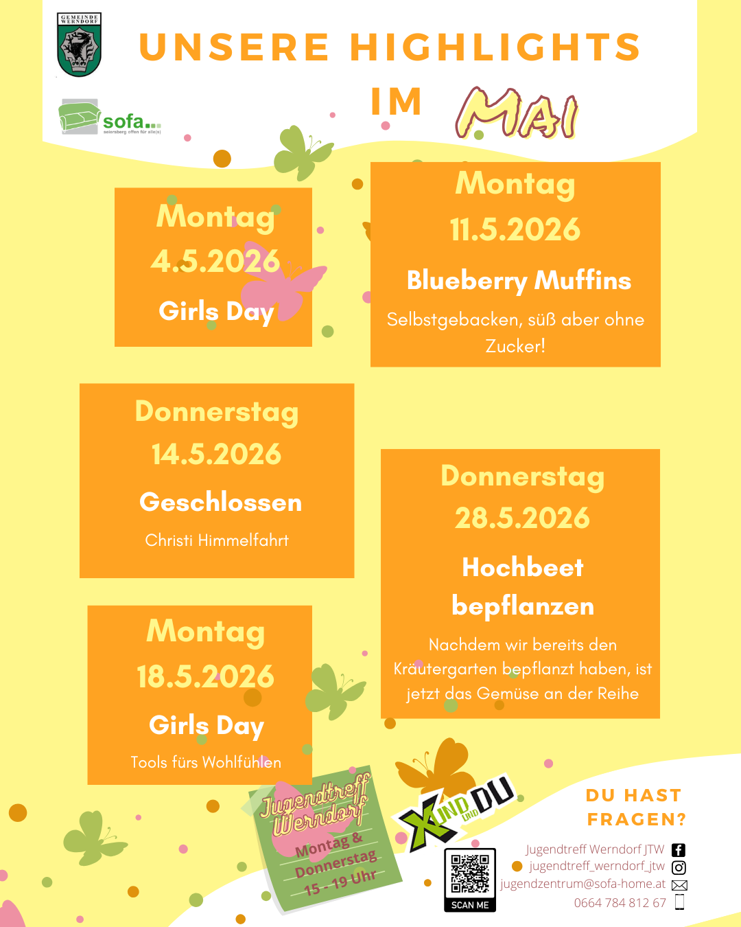 Ein Poster für Mai mit mehreren Terminen und Aktivitäten. Am 11. Mai werden Blaubeermuffins selbst gebacken, aber ohne Zucker. Am 14. Mai sind die Türen für Christi Himmelfahrt geöffnet. Am 28. Mai wird die Rübe gepflanzt. Am 18. Mai Girls Day, Werkzeuge für das Wohlbefinden.