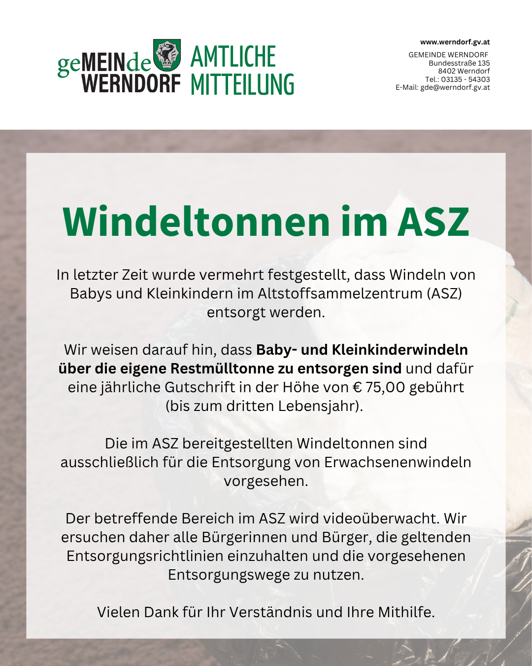 An announcement from Werndorf regarding windels from babies and small children being collected at the waste sorting center (ASZ). The area is monitored. People are asked to follow the disposal guidelines.